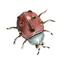 Load image into Gallery viewer, Brooch, Lady Bird Bug. Bronze style metal with Pink, Blue Enamel, Rhinestone Detail
