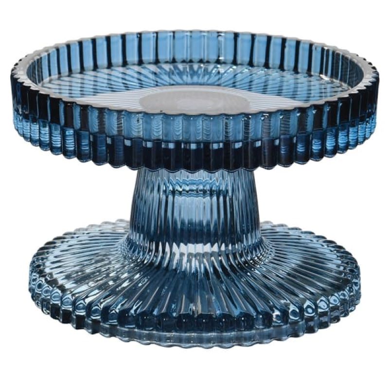 Candleholder, Low Blue Ribbed Glass Reversable for dinner or pillar candle.