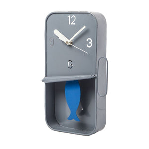 Clock, Metal Sardine Tin, Pendulum Wall Clock in Grey