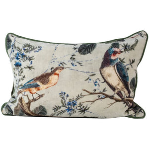 Cushion. Velvet Piped Rectangle Cushion with Birds, in Blues & Greens
