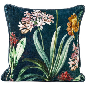 Cushion. Velvet Piped Square Cushion In Blues with white agapanthus stem
