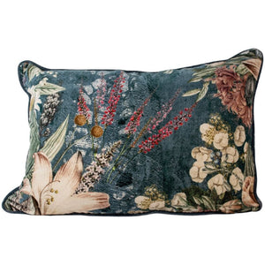 Cushion. Velvet Piped Rectangle Cushion In Blues with a cluster floral blooms