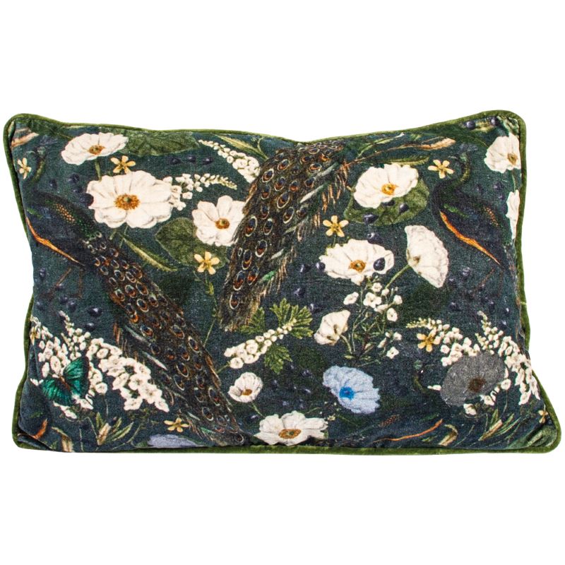 Cushion. Velvet Piped Rectangle Cushion with Peacock and Anemone