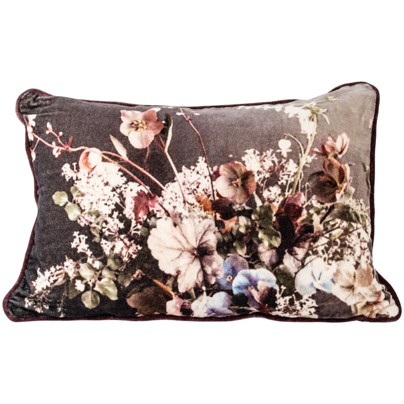 Cushion. Velvet Piped Rectangle Cushion in plum Tones with Hellebore bouquet