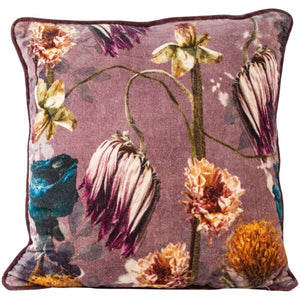 Cushion. Velvet Piped Square Cushion In Warm Plum tones with Dahlia.
