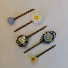 Load image into Gallery viewer, Hair Slide Set.  5 Bobby Pin hair accessories in &quot;Spring Skies&quot;
