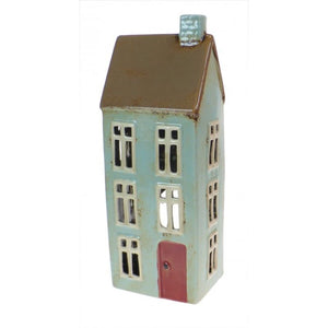Candle House, Ceramic Dutch House Tea Light Holder, Glazed Pottery, Blue, Red Door