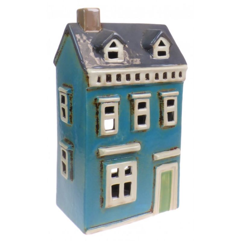 Candle House, Ceramic Dutch House Tea Light Holder, Glazed Pottery, Georgian Blue.