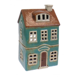Candle House, Ceramic Dutch House Tea Light Holder, Glazed Pottery, Blue Country