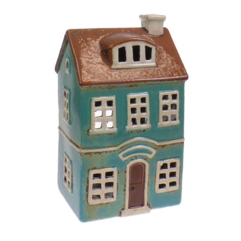 Candle House, Ceramic Dutch House Tea Light Holder, Glazed Pottery, Blue Country
