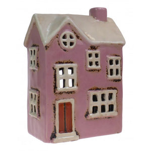 Candle House, Ceramic Dutch House Tea Light Holder, Glazed Pottery, Pink Country.