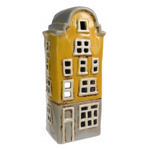 Candle House, Ceramic 'Dutch House' Tea Light Holder, Glazed Pottery, Tall Ochre / Yellow