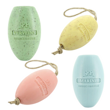 Load image into Gallery viewer, Soap, Oval Soap on Cord, French &#39;Verveine Broye&#39; (Crushed Verbena) 240g Savon de Marseille Soap Bars.
